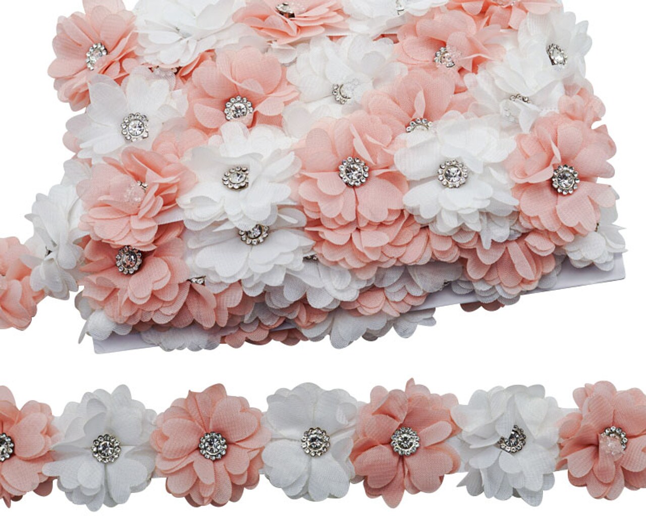 2" x 10 Yards Blush and White 3D Flower Rhinestone Organza Trim